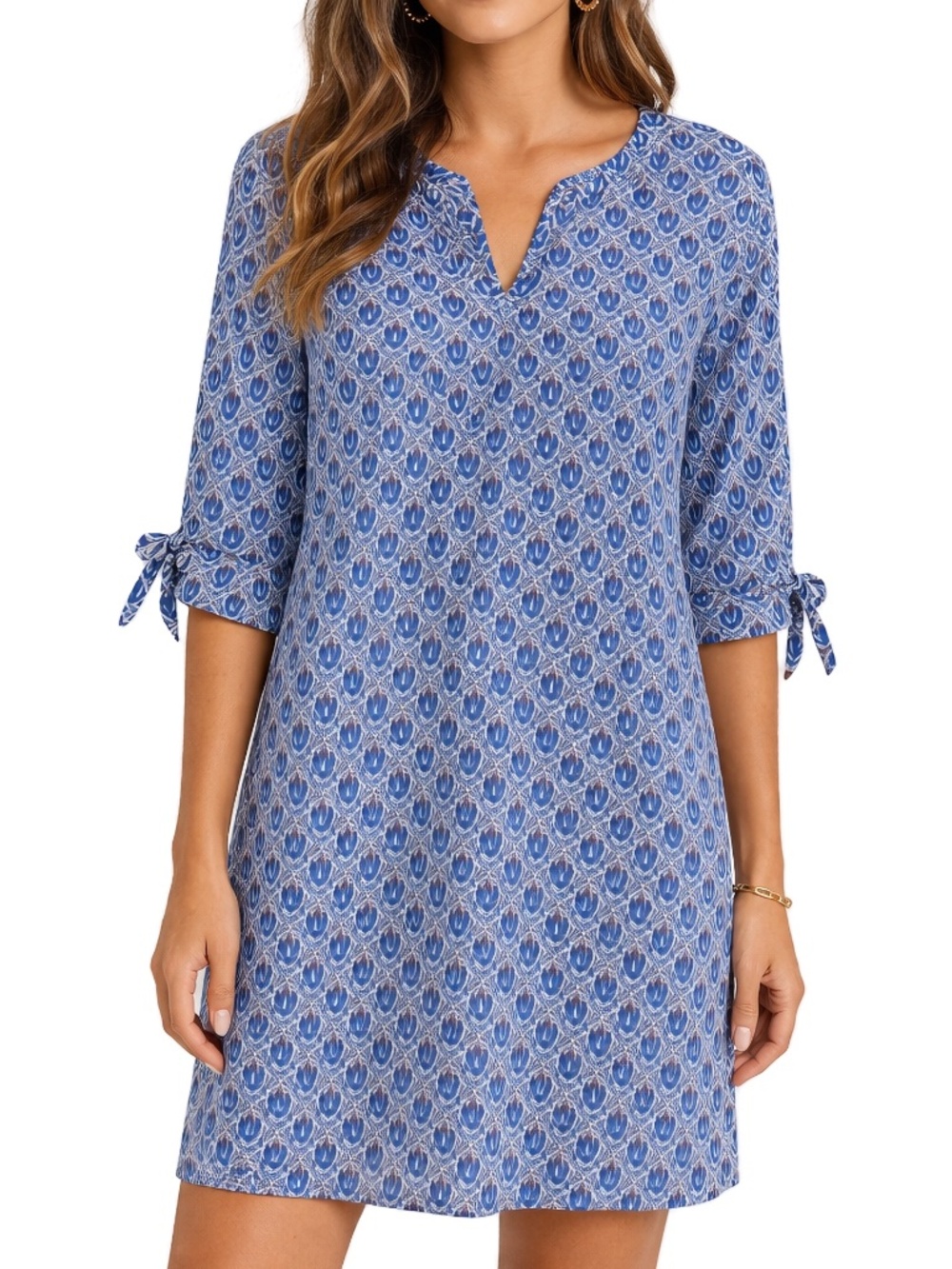 Stella Parker Blue Tropical Print 3/4 Sleeve Resort Vacation Dress Size S